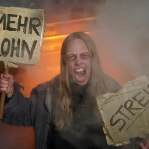 Eine Frau schreit, schaut böse und hält Schilder in die Kamera, "Mehr Lohn, "Streik" steht auf ihnen