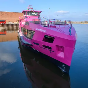 Eine knallig pinke Hybrid-Fähre liegt vor der Werfhalle der Schiffbau- und Entwicklungsgesellschaft Tangermünde (SET) im Wasser.