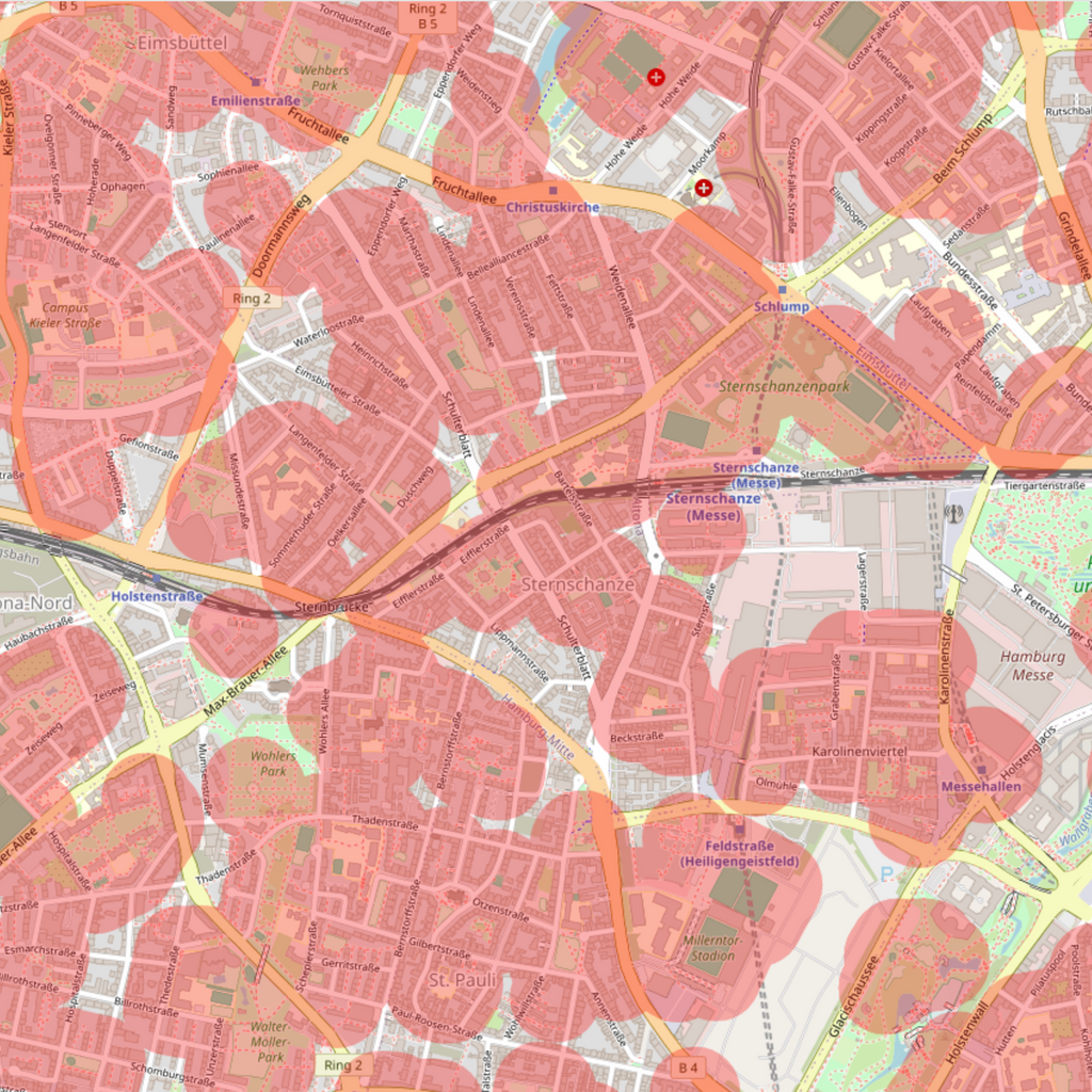 Die rotmarkierten Bereiche der Karte zeigen: „Bubatz“ bleibt in der Schanze in der Öffentlichkeit weitgehend illegal.