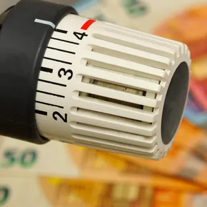 Symbolbild: ein Thermostatventil an einem Heizkörper, im Hintergrund Geldscheine