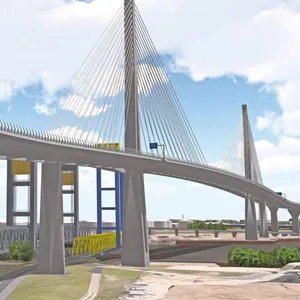 Visualisierung der neuen Süderelbbrücke. Sie ist 550 Meter lang und hat zwei symmetrische 140 Meter hohe Pylone.