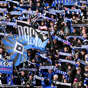 Die HSV-Fans schwenken Fahnen im Stadion.