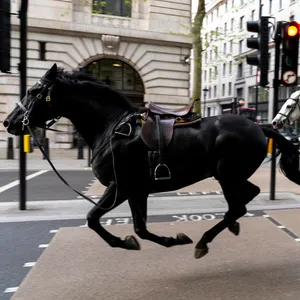 Zwei der entlaufenen Pferde galoppieren über eine Kreuzung in der Londoner Innenstadt.