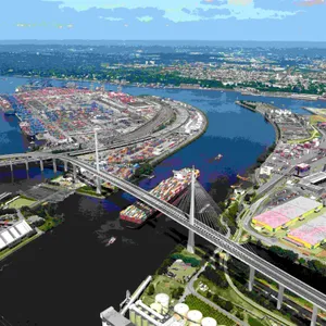 Brücke aus der Vogelperspektive mit einem Containerschiff darunter