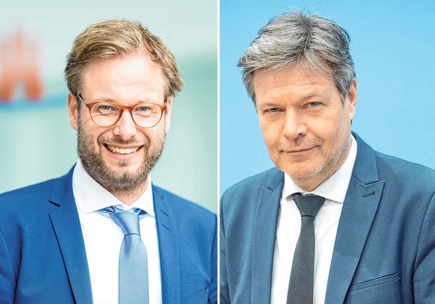 Hamburgs Verkehrssenator Anjes Tjarks (l.) und Bundeswirtschaftsminister Robert Habeck (beide Grüne).