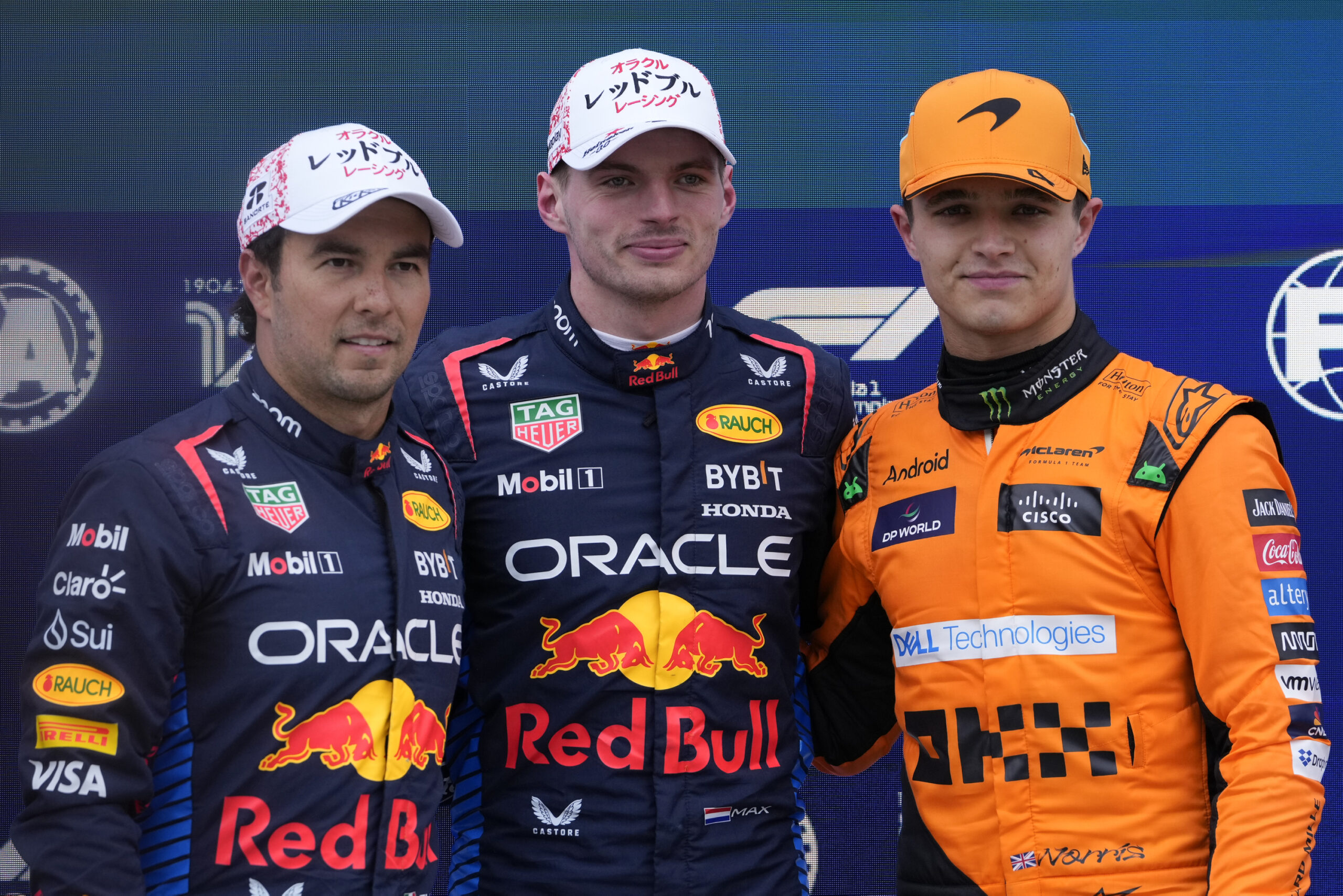 Sergio Perez, Max Verstappen und Lando Norris nach dem Qualifying in Suzuka