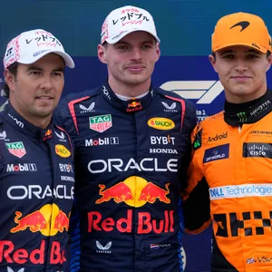 Sergio Perez, Max Verstappen und Lando Norris nach dem Qualifying in Suzuka