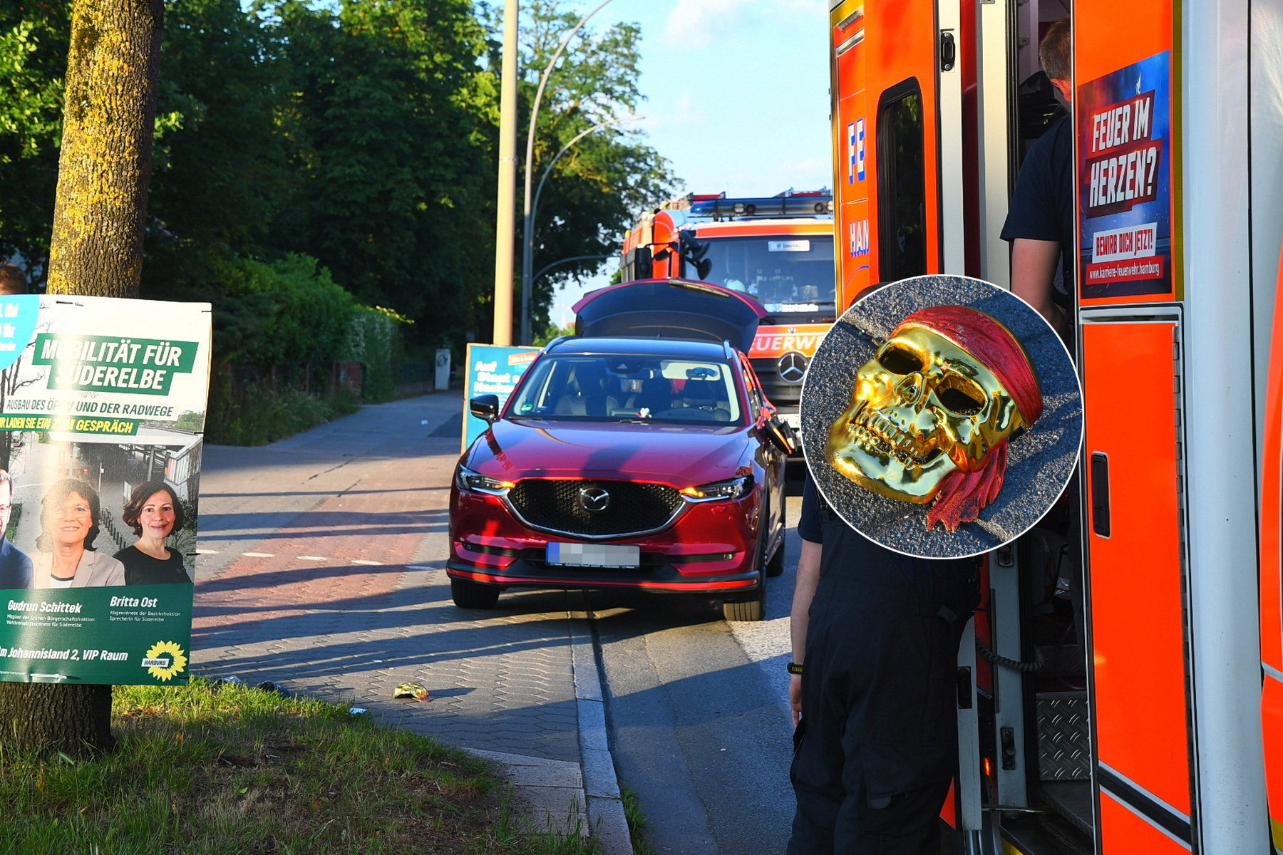 Diese goldene Totenkopfmaske trug der Mann, als er plötzlich über die Cuxhavener Straße lief. Der Mazda-Fahrer konnte nicht mehr ausweichen und erfasste den Betrunkenen.