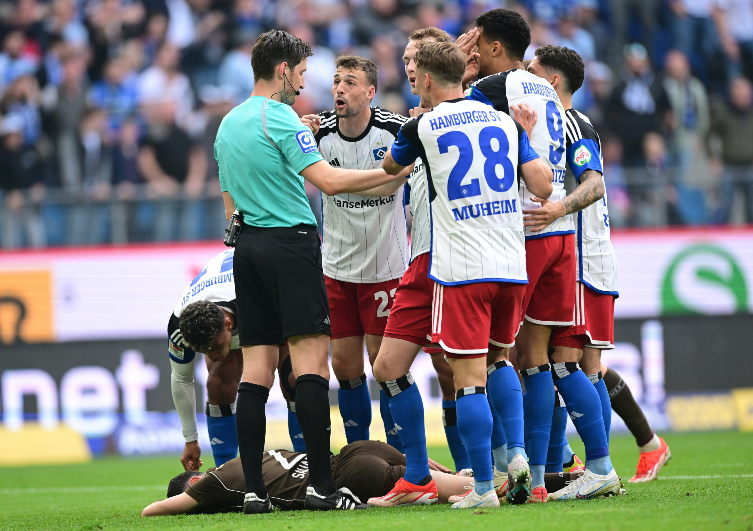 Die HSV-Profis diskutieren mit Schiedsrichter Dr. Matthias Jöllenbeck