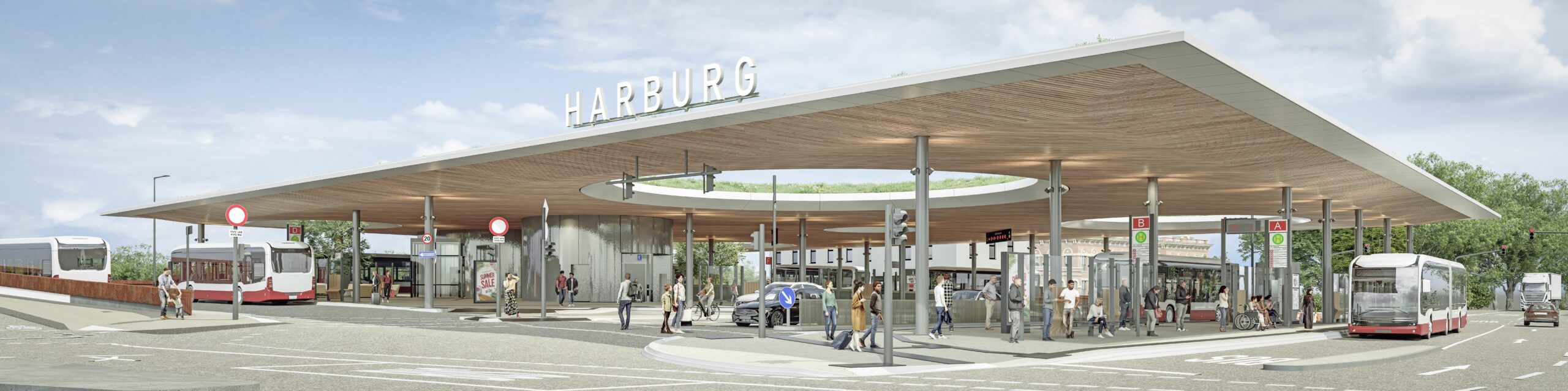Der neue ZOB Harburg bekommt ein von schmalen Säulen getragenes, riesiges Dach.