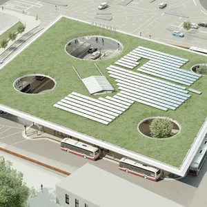 Das Dach des neuen ZOB wird begrünt, außerdem bekommt es eine Photovoltaik-Anlage.