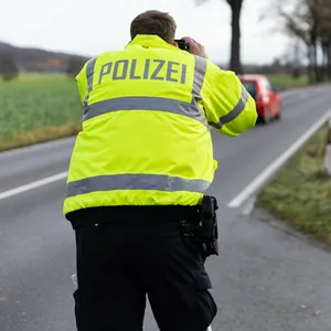 Ein Polizist misst die Geschwindigkeit vorbeifahrender Autos (Symbolbild).