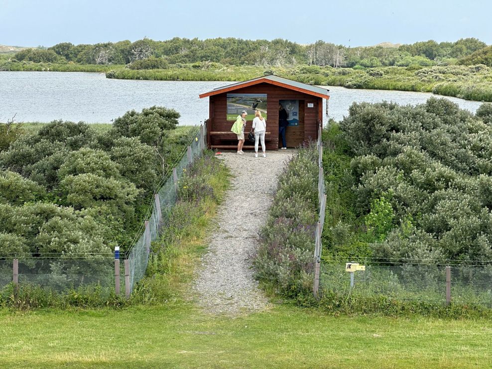 Eine Beobachtungshütte im Vogelschutzgebiet Südstrandpolder an der Südseite der ostfriesischen Insel Norderney.