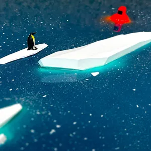Auf dem Meer treiben drei Eisschollen, auf einer ist ein Pinguin, davor im Wasser eine menschliche Figur im knallroten Schutzanzug