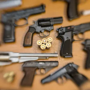 Pistolen, Revolver und Munition liegen auf einem Tisch in einer gesicherten Asservatenkammer.