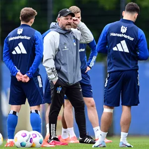 Steffen Baumgart spricht im HSV-Training zu seinen Spielern