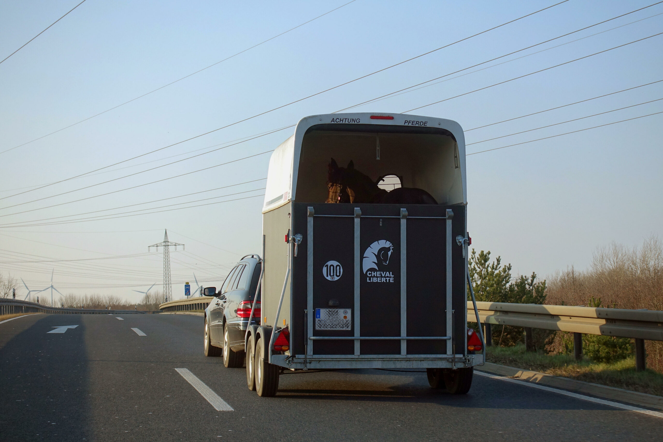 Ein Auto mit einem Pferdeanhänger auf der Autobahn