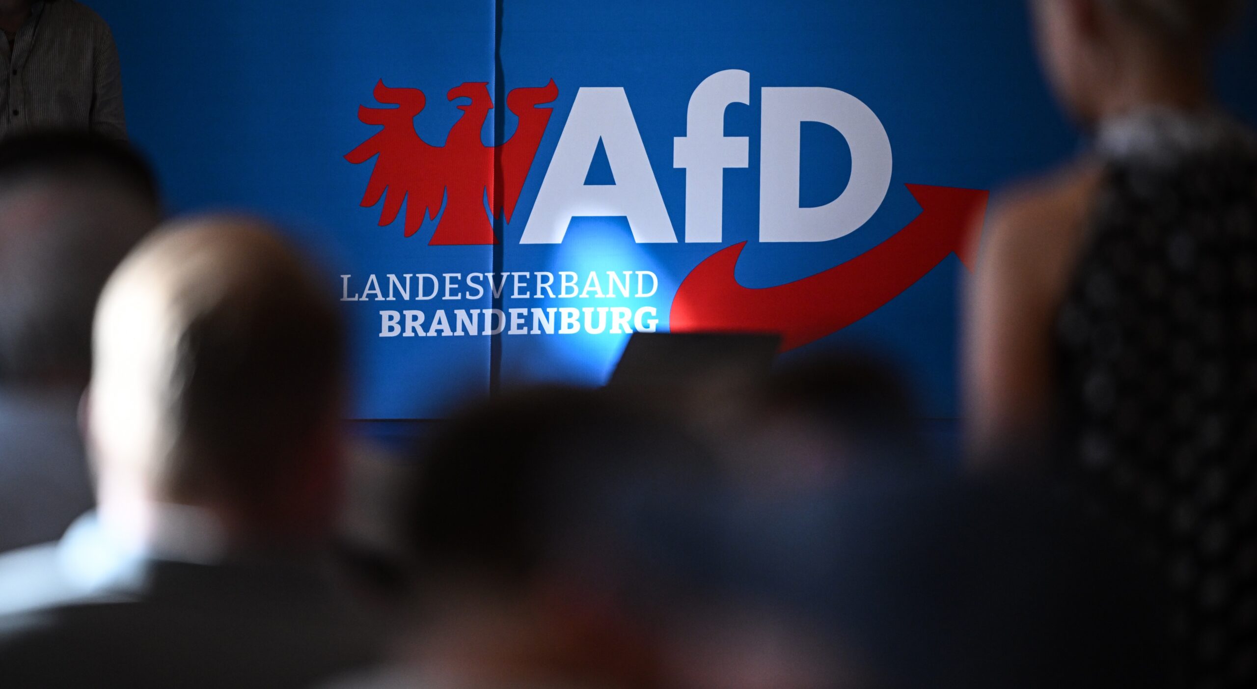 Teilnehmer sitzen in der Auftaktveranstaltung der AfD in Brandenburg zur Landtagswahl vor dem Parteilogo.