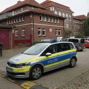 Ein Streifenwagen der Polizei steht vor der Unterkunft an der Feuerbergstraße in Alsterdorf.