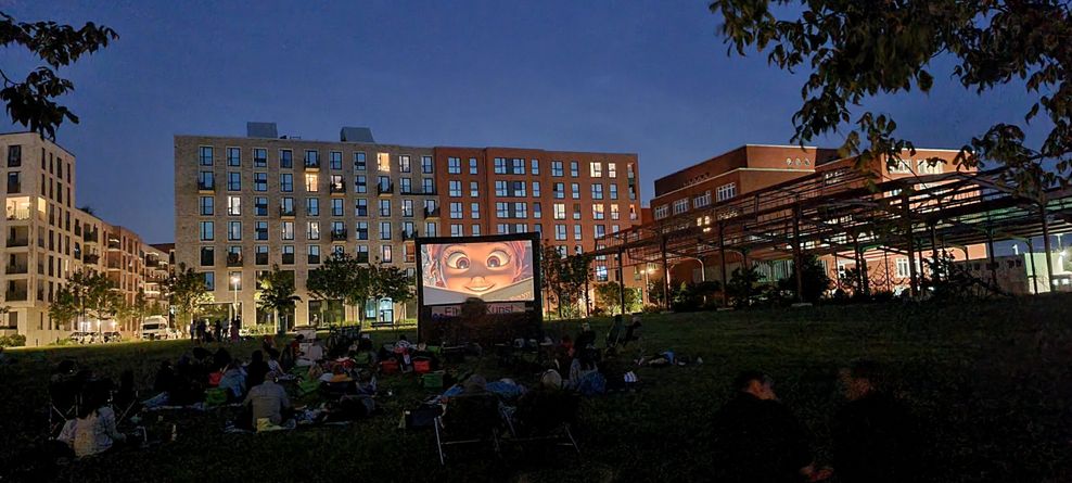 ElbFilmKunst: die Grünfläche in der Neuen Mitte Altona in der Dämmerung, auf dem Rasen ist eine große Leinwand aufgebaut.