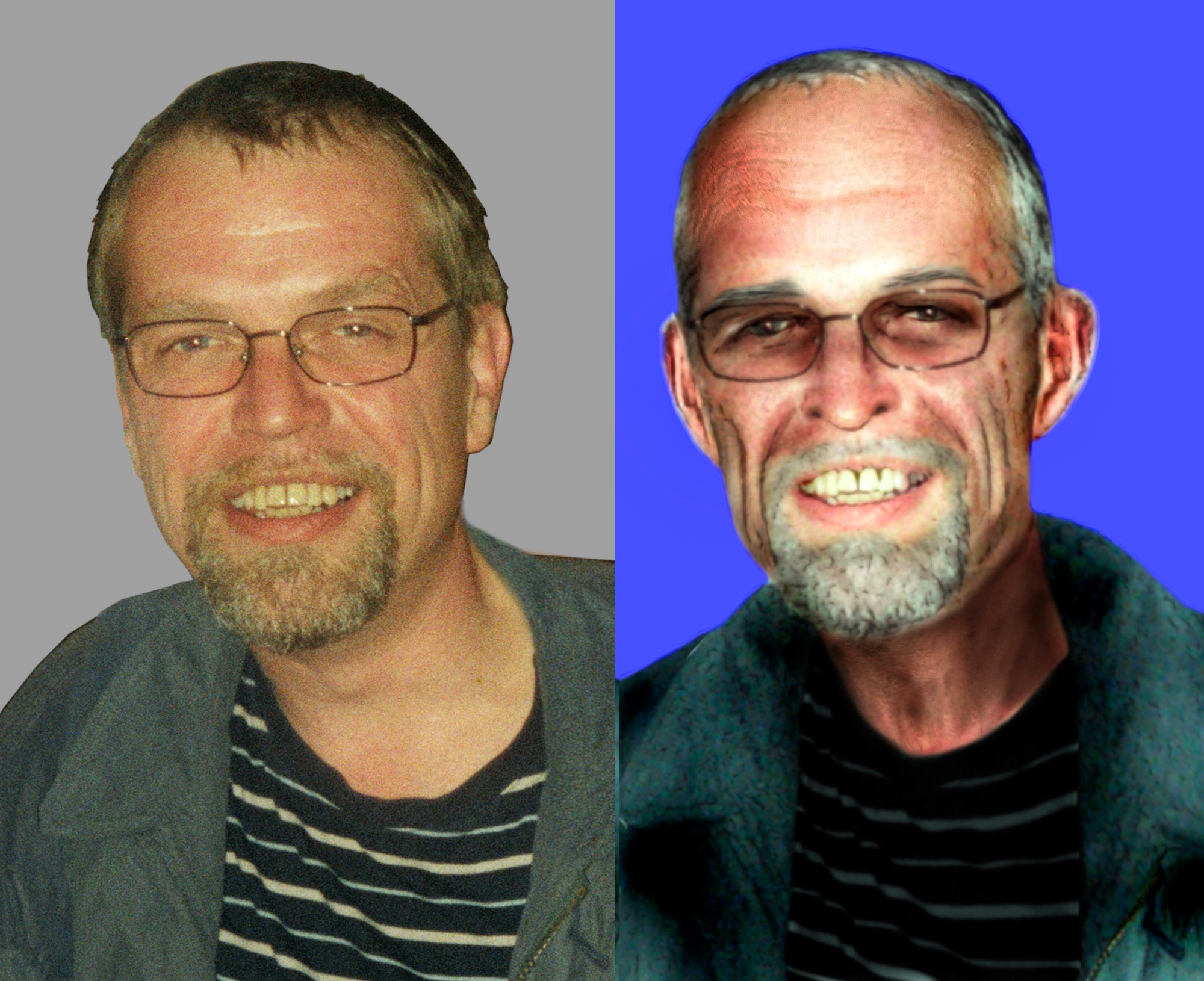 Mit diesen Bildern fahndet die Polizei nach dem RAF-Terroristen Ernst-Volker Staub. Die linke Aufnahme zeigt ihn im Jahr 2002. Die rechte wurde von den Ermittlern gealtert, um zu zeigen, wie er heute aussehen könnte.