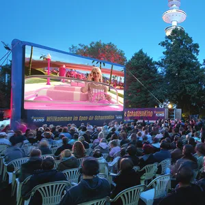 Viele Menschen sitzen im Schanzenpark vor einer großen Kinoleinwand.