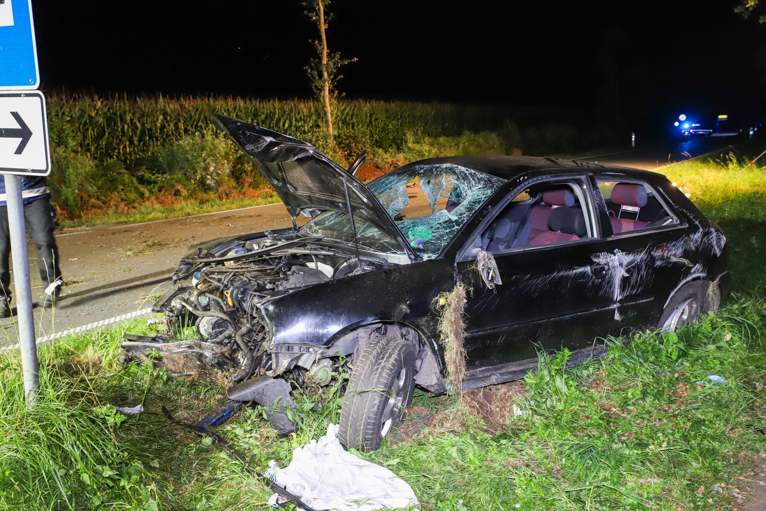 Das Fahrzeug blieb schwer beschädigt im Seitengraben der Fahrbahn stehen. Die Insassen wurden schwer bis lebensgefährlich verletzt.