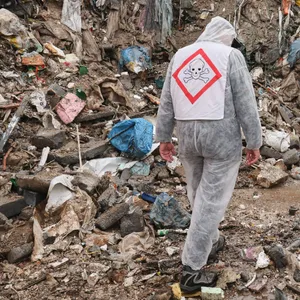 Person in Schutzanzug auf einer Müllkippe.