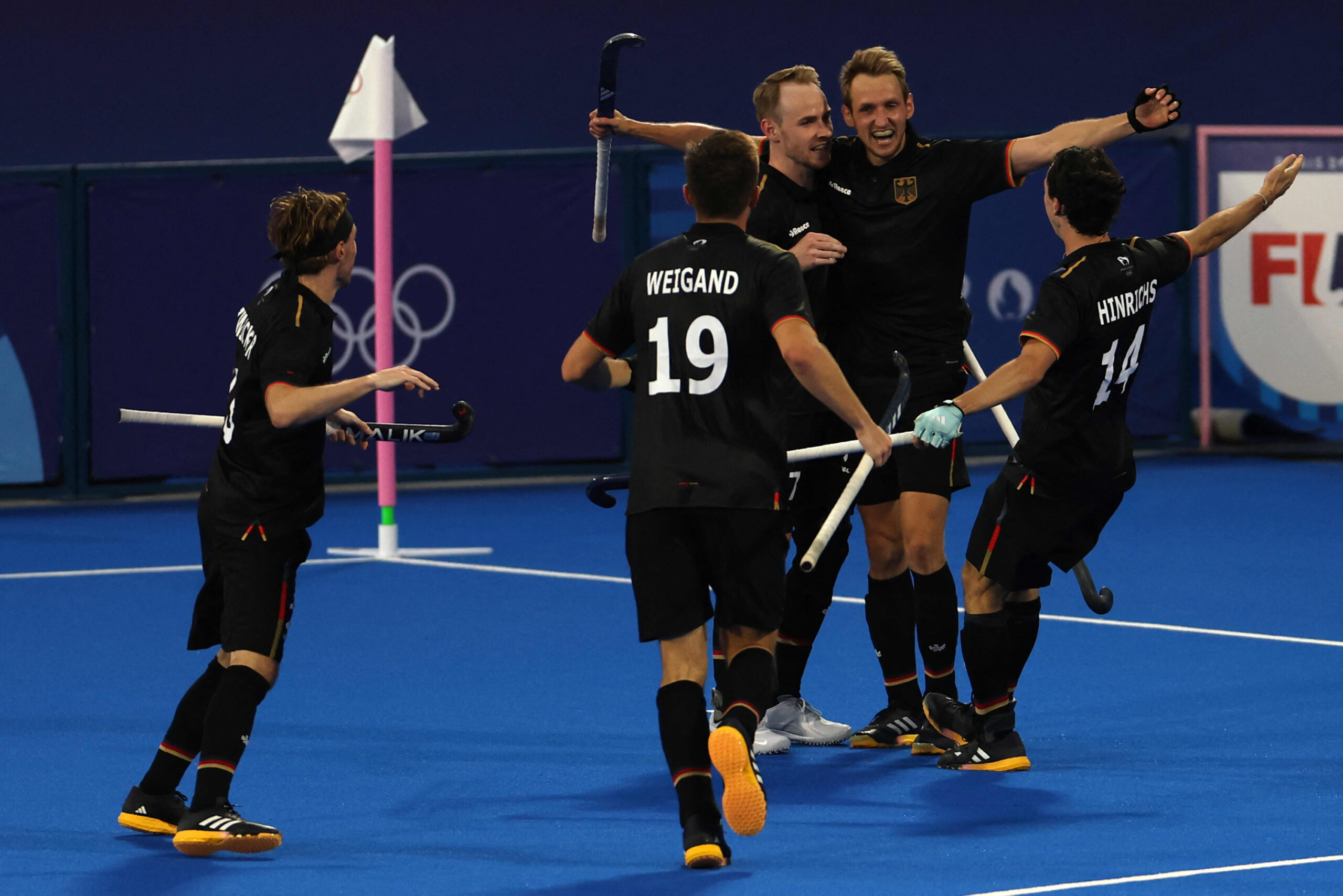 Die deutschen Hockey-Herren beim Torjubel nach dem 3:2 gegen Argentinien