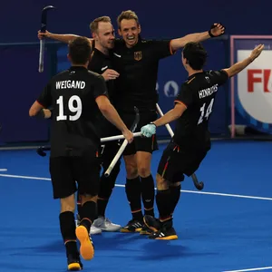 Die deutschen Hockey-Herren beim Torjubel nach dem 3:2 gegen Argentinien