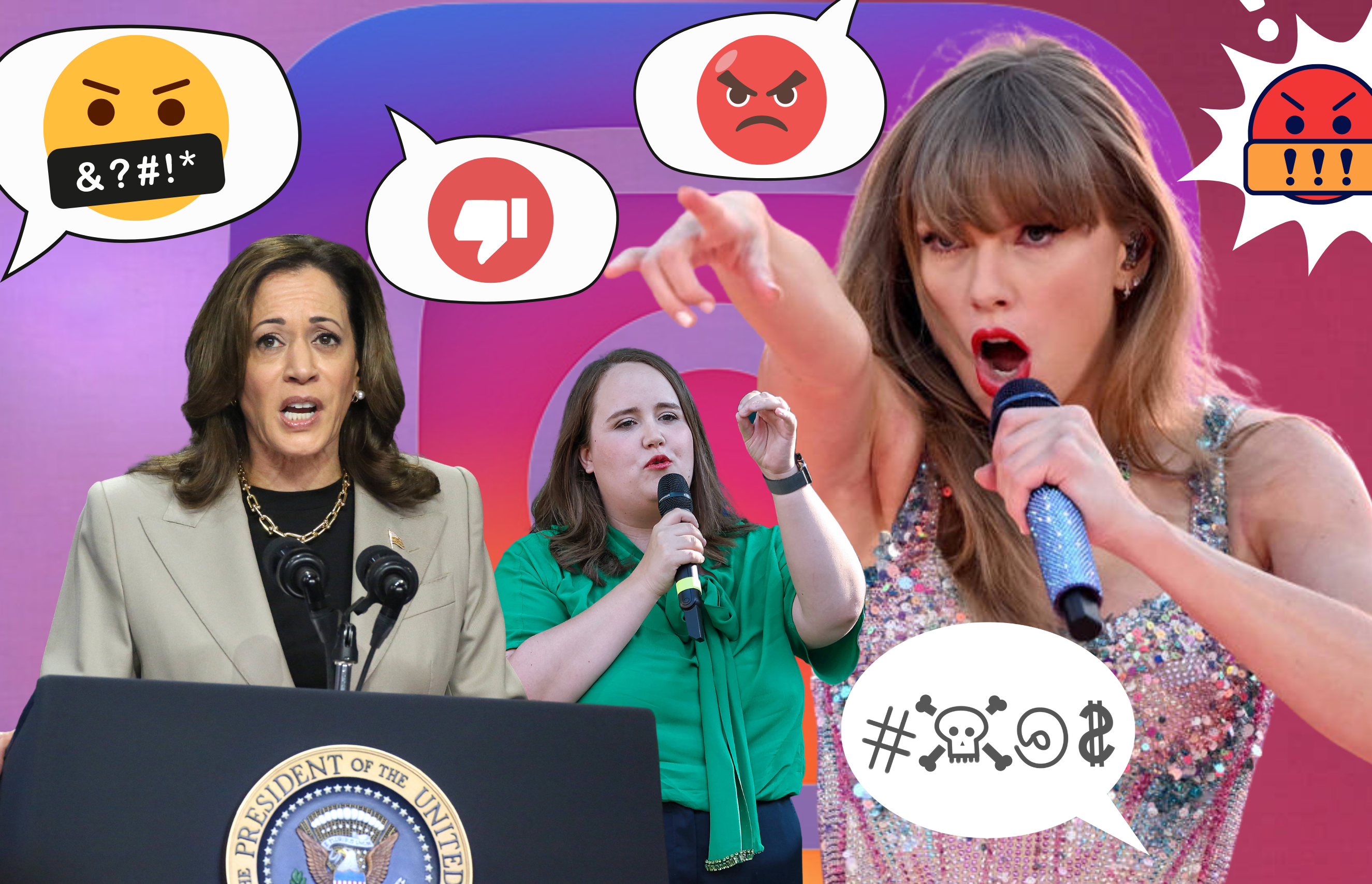 Taylor Swift, Kamala Harris und Ricarda Lang in einer Collage aus wütenden Emojis