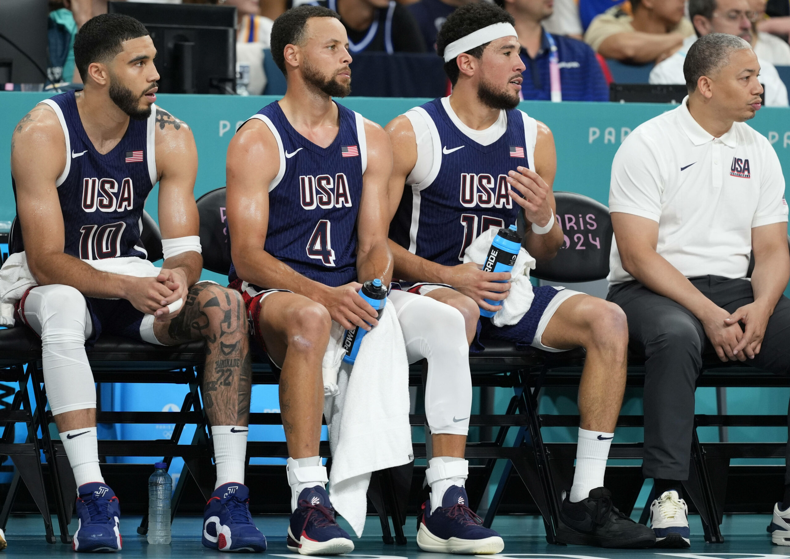 Jayson Tatum, Steph Curry und Devin Booker beim Team USA