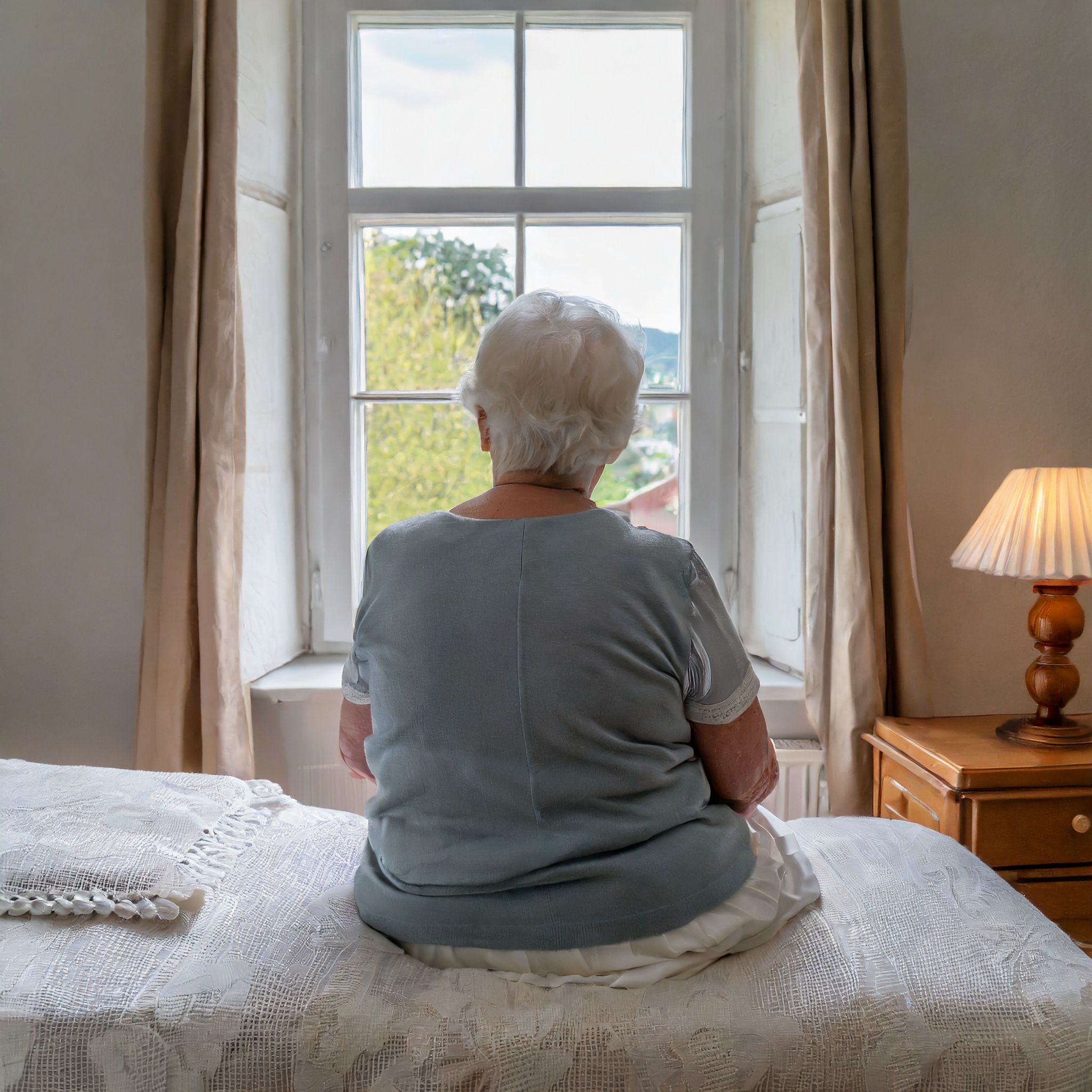 Eine alte Frau sitzt auf einem Bett und schaut aus dem Fenster