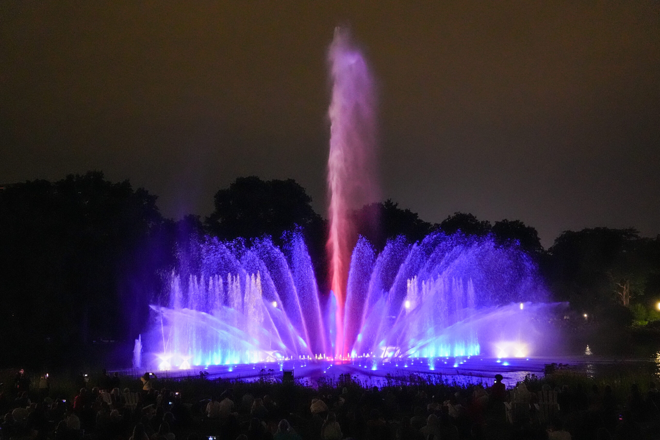 Hunderte Besucherinnen und Besucher verfolgen am späten Abend das bunte Wasserlichtkonzert in „Planten un Blomen“.