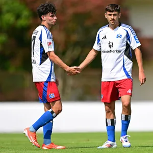 Nicolas Oliveira und Bilal Yalcinkaya klatschen sich im HSV-Test gegen Aris Limassol ab