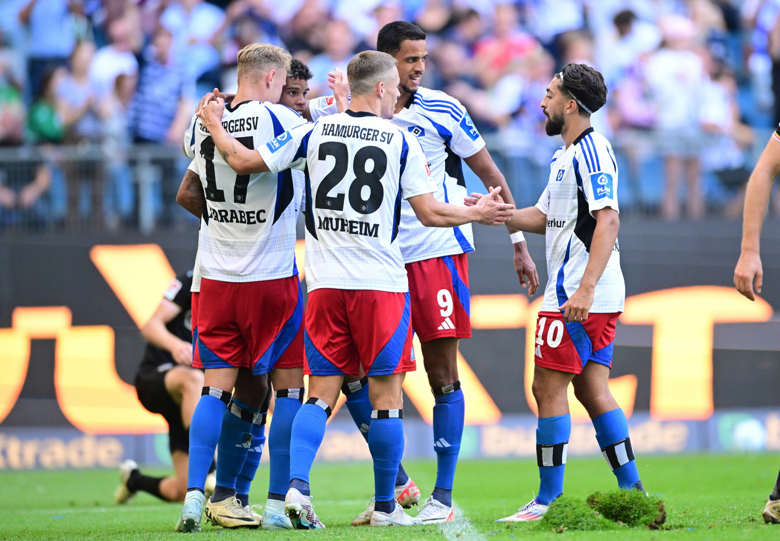 Die Profis des HSV jubeln über ein Tor.