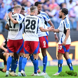 Die Profis des HSV jubeln über ein Tor.