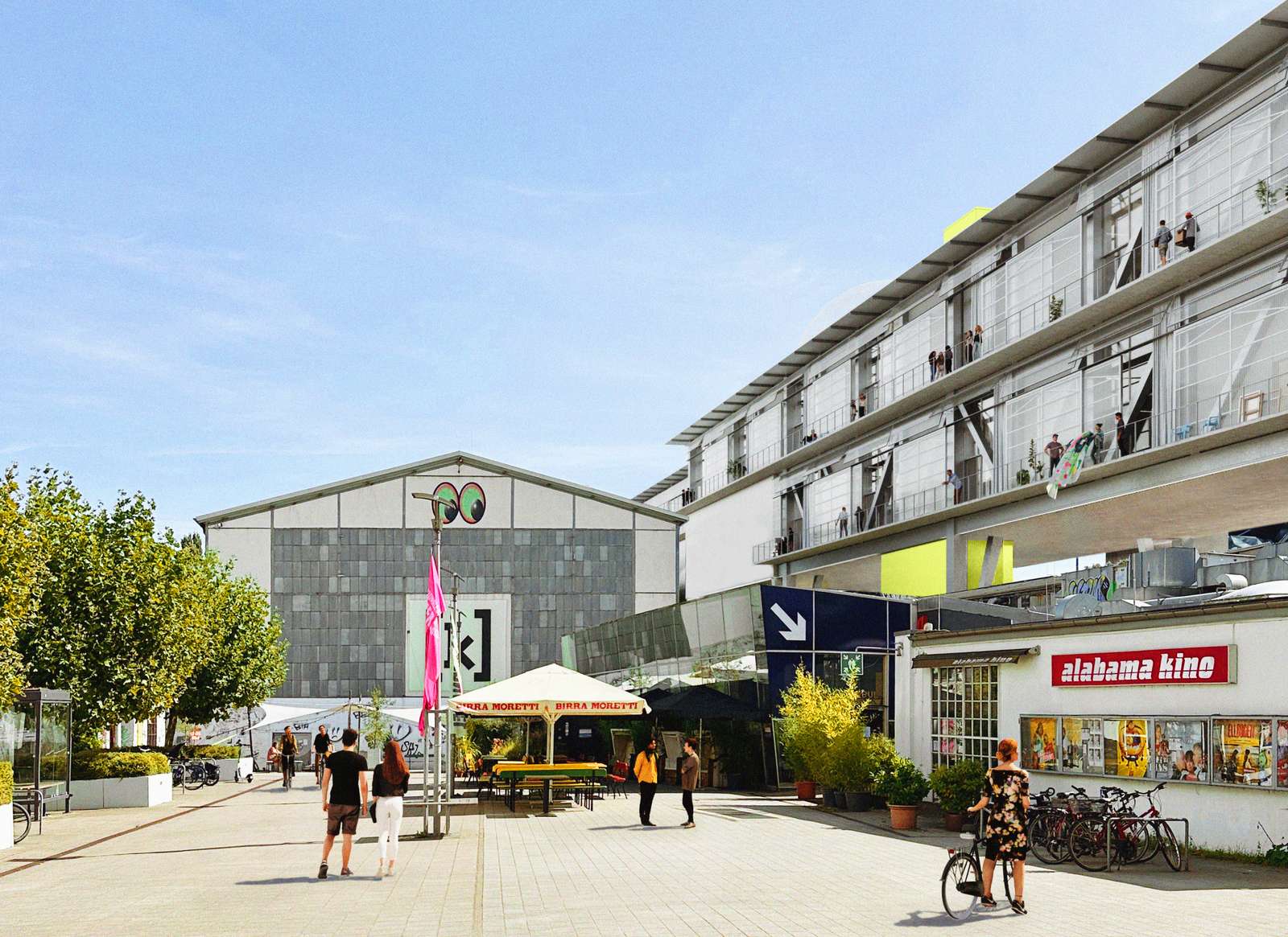 So soll die Kampnagel-Piazza einmal aussehen: Die neue Halle (r.) soll auf Stelzen über das bestehende Gebäude mit Kino, Restaurant und Haupteingang gebaut werden.