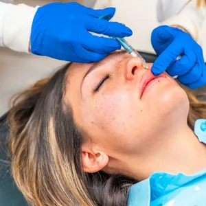 Kosmetikerin bei der Botox Injektion in das Gesicht einer Frau