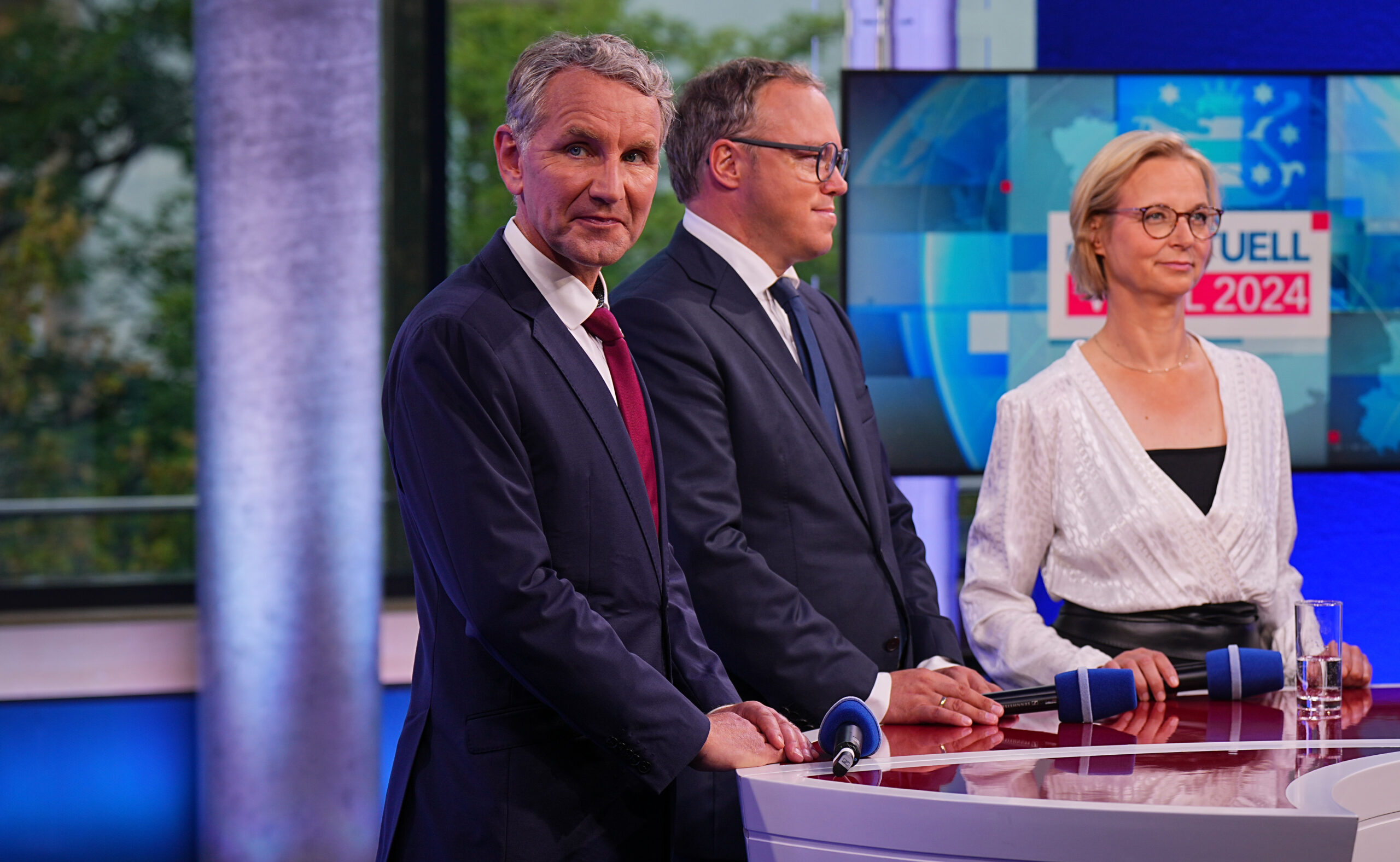 Die Spitzenkandidat:innen Mario Voigt (CDU, M), Björn Höcke (AfD) und Katja Wolf (BSW).