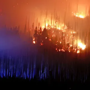 Blick auf Flammen und Glutnester am Königsberg im Harz unterhalb des Brockens.