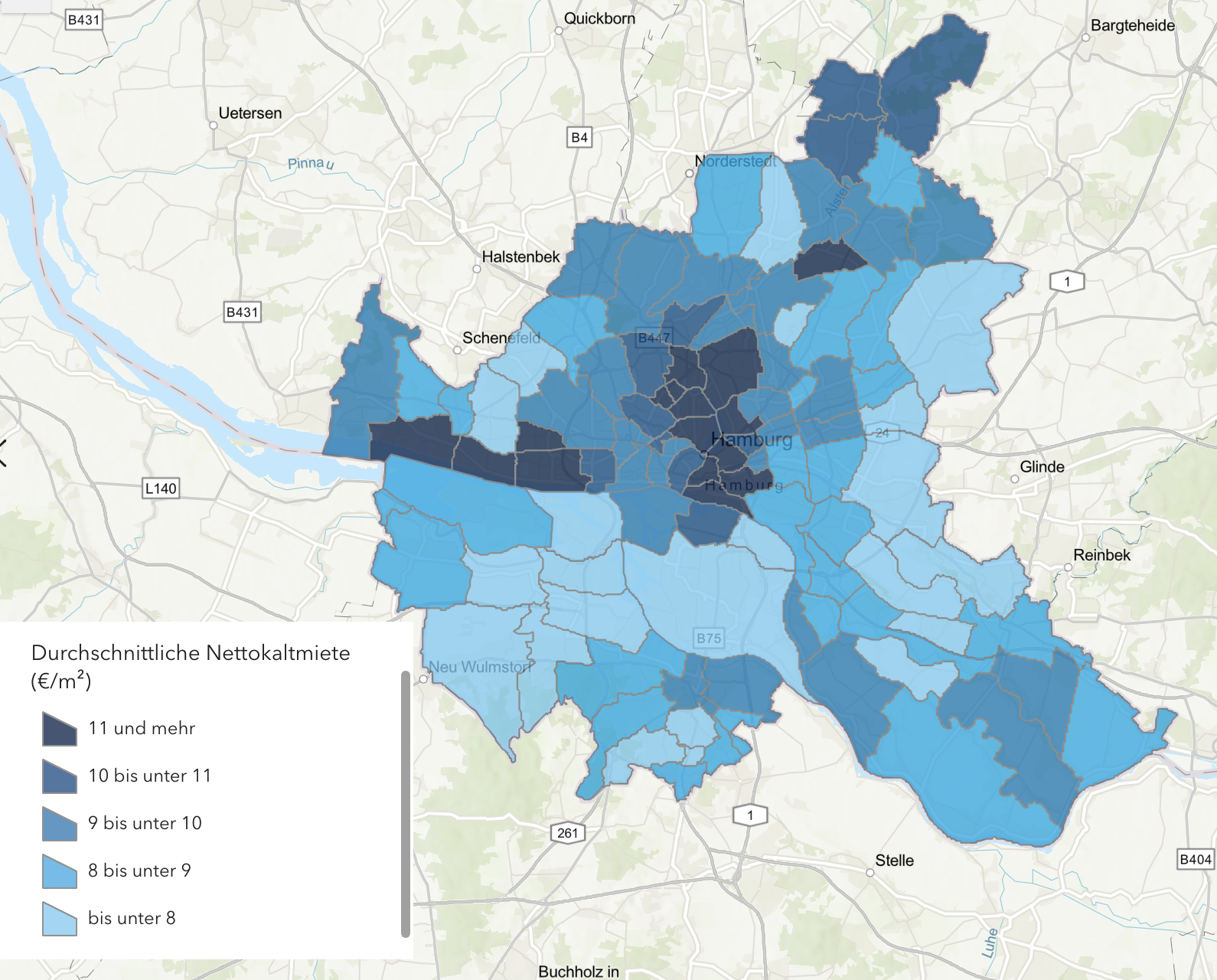 Je dunkler die Flecken auf der Hamburg-Karte sind, desto teurer ist in den Stadtteilen die Nettokaltmiete.
