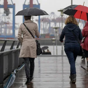 Herbst in Hamburg: Spaziergänger im strömenden Regen am Museumshafen Ovelgönne (Archivbild).
