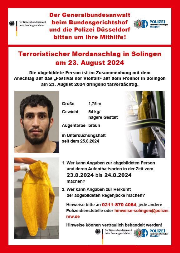 Issa H., der islamistische Attentäter von Solingen, auf einem Fahndungsplakat der Polizei.