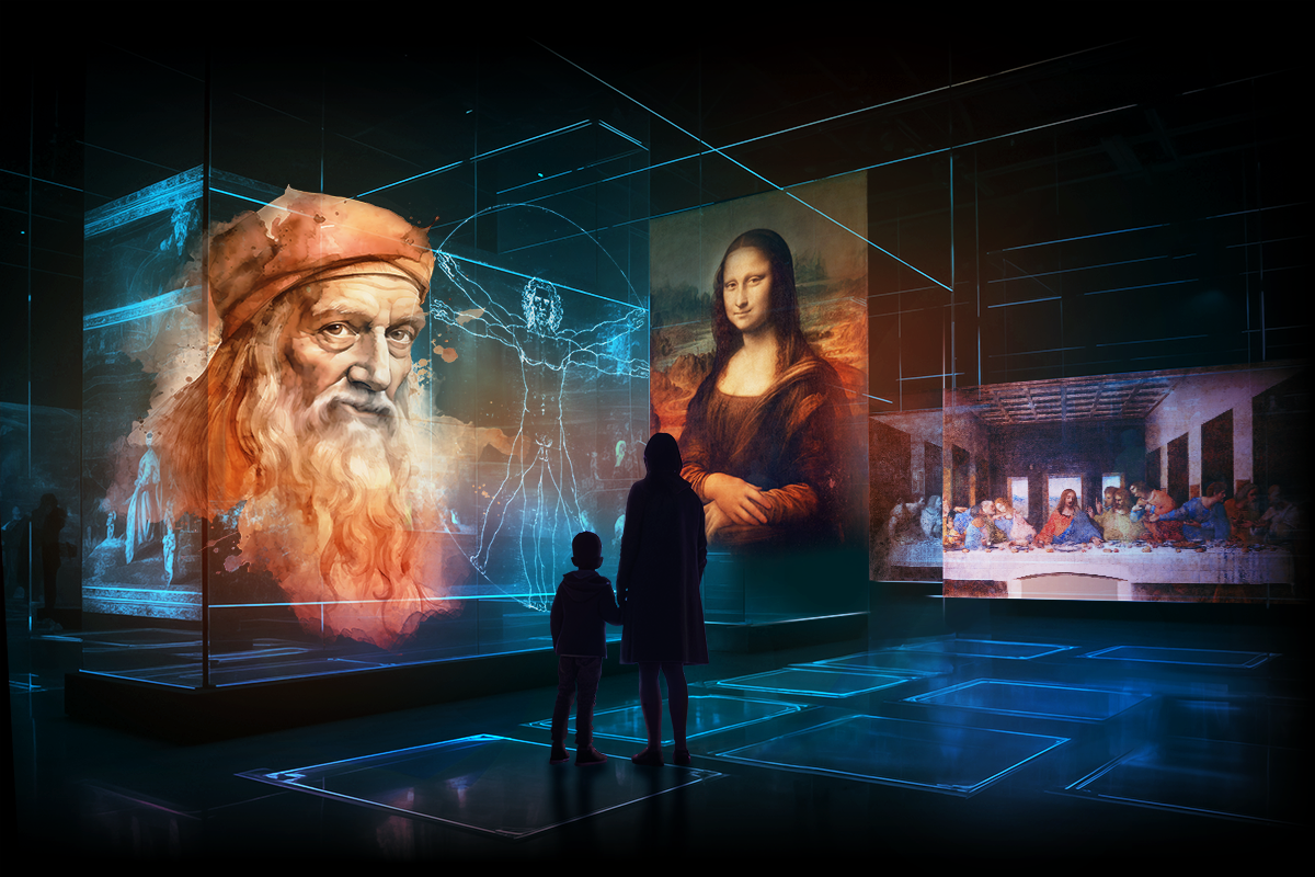 Digitalisierte Bilder von Leonardo da Vinci werden auf Leinwände projiziert.