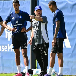 HSV-Trainer Steffen Baumgart im Austausch mit Robert Glatzel und Davie Selke