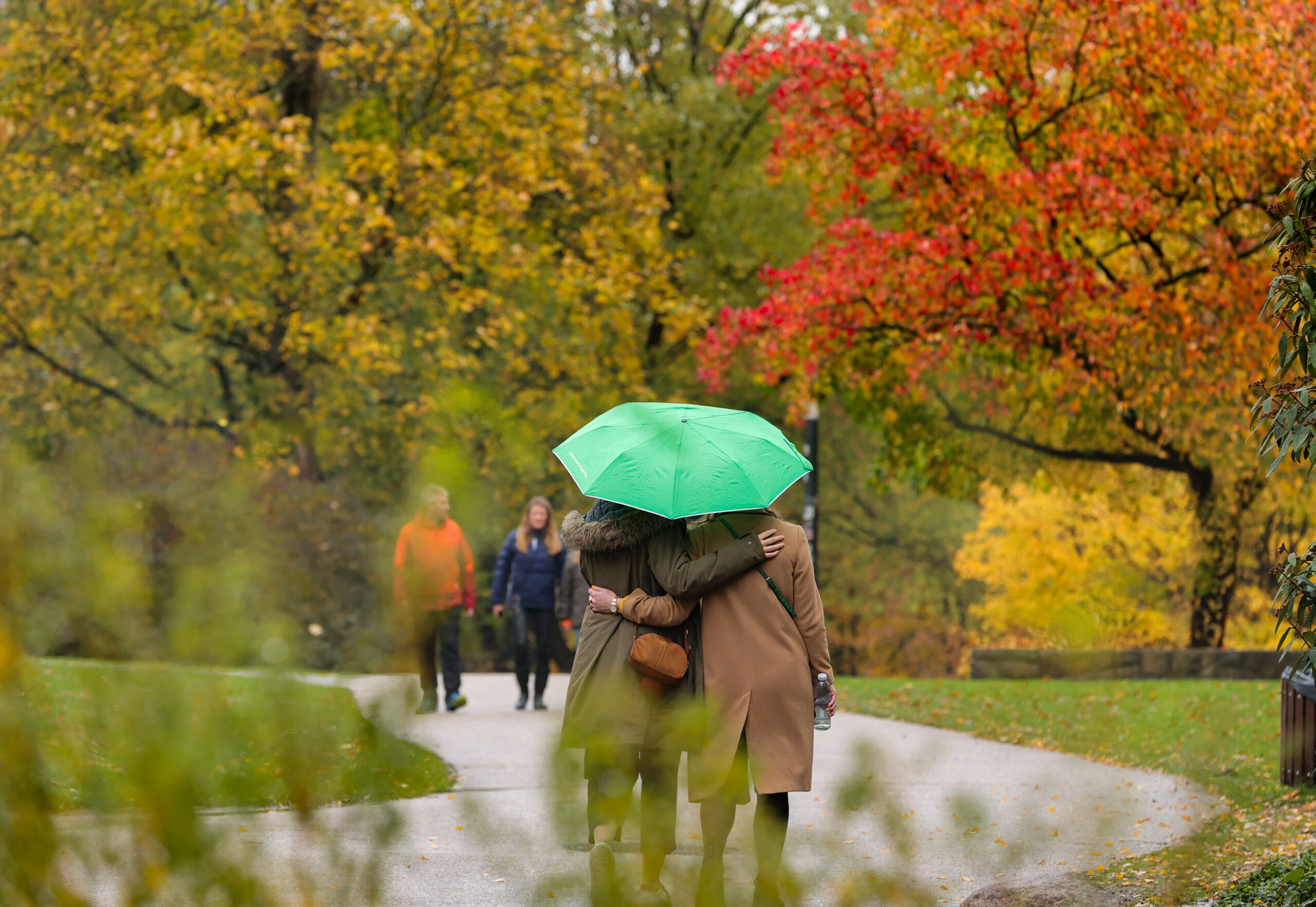 Passanten gehen bei regnerischem Wetter im Park „Planten un Blomen“ spazieren.