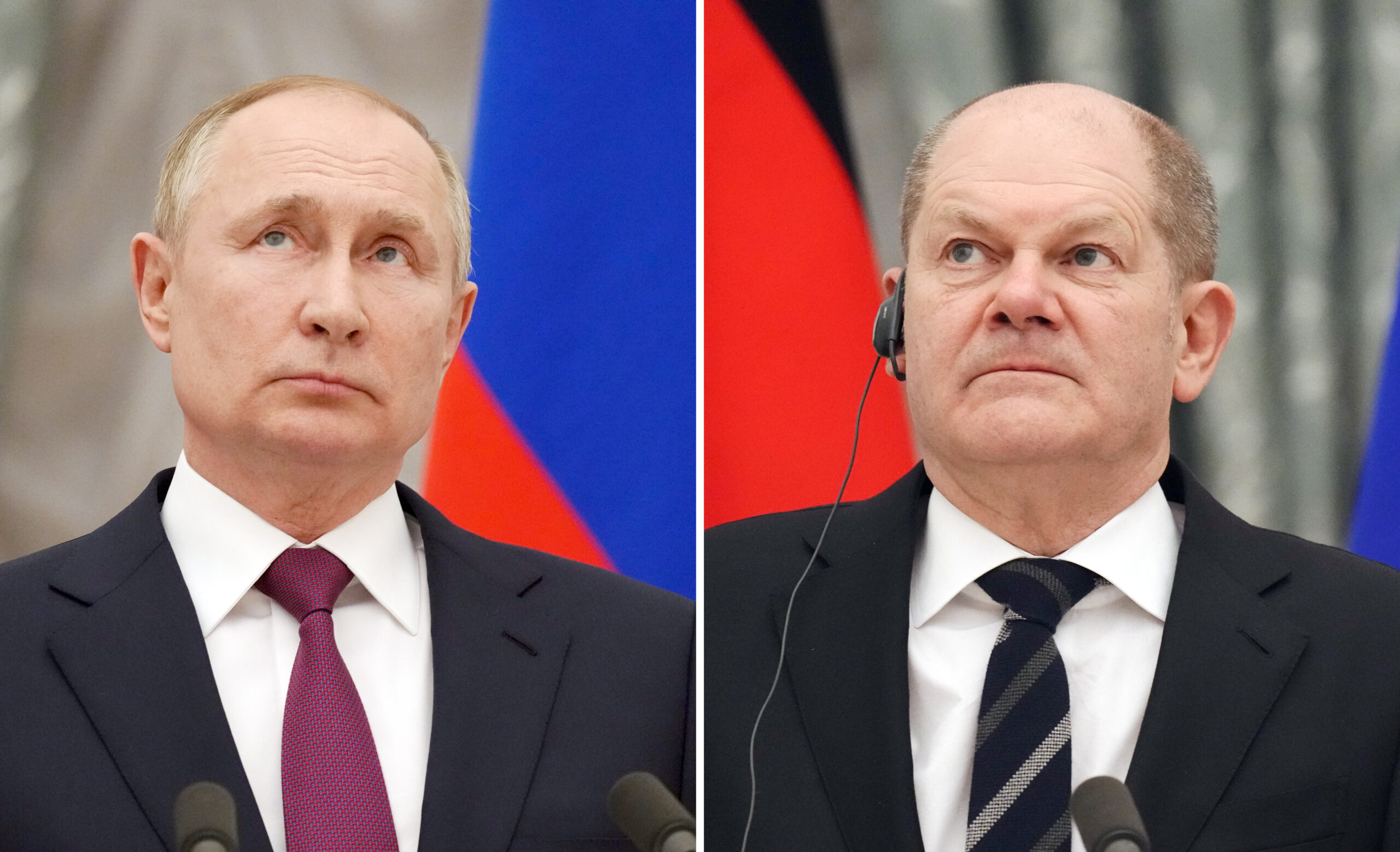 Die Kombo zeigt Russlands Präsident Wladimir Putin und Bundeskanzler Olaf Scholz (SPD)