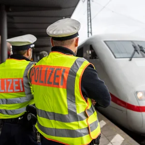 Zwei Beamte der Bundespolizei beobachten am Hauptbahnhof die Einfahrt eines ICE