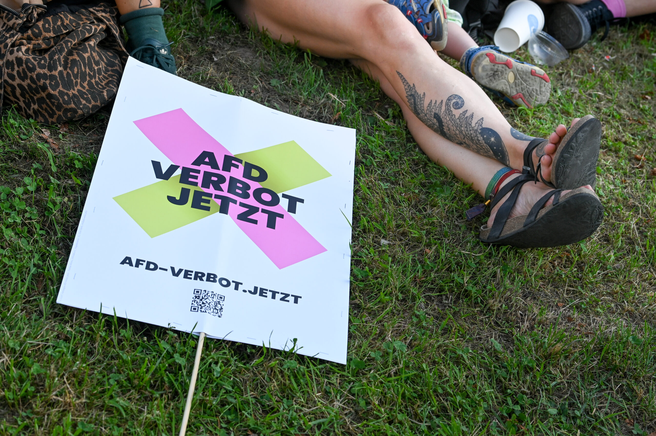 Einn Schild „AfD Verbot jetzt“ bei der Demonstranten vor dem Landtag.